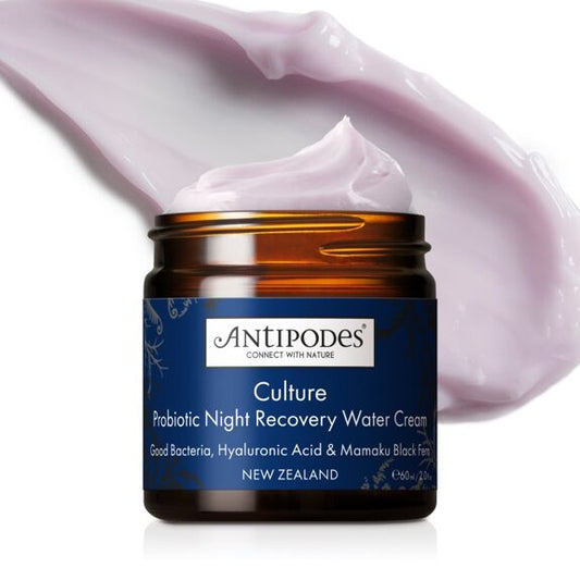 Culture Gel Crème de Nuit Réparateur aux Probiotiques, soin de nuit naturel pour lutter contre les imperfections, réparer et apaiser la peau - Antipodes.