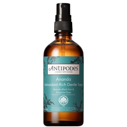 Flacon pompe en verre brun du tonique anti-oxydant Ananda d'Antipodes