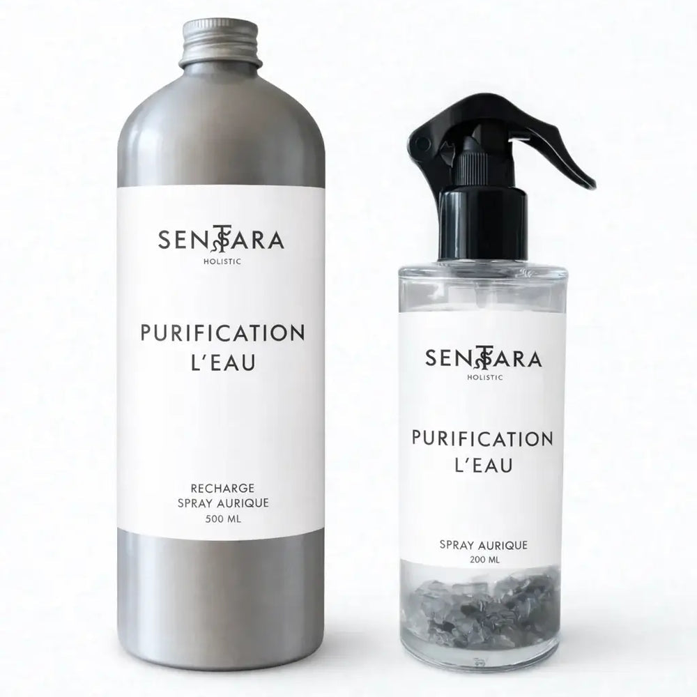 Recharge aluminium de 500 ml et spray aurique Purification L’Eau Sensara Holistic de 200 ml, flacom verre transparent, présentés côte à côte