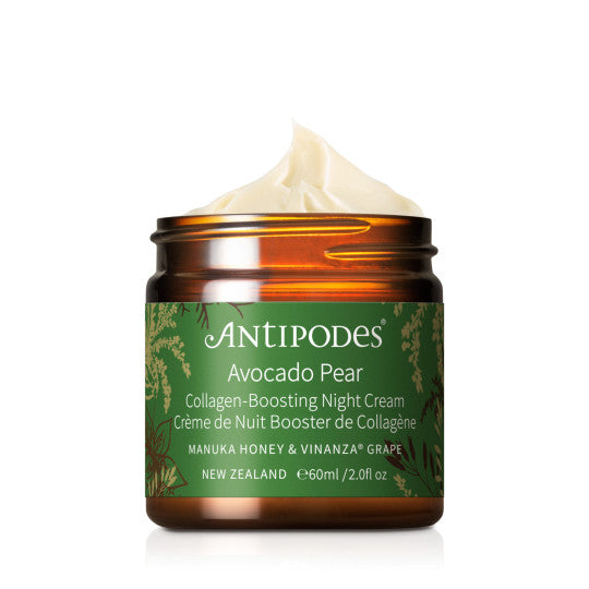 Avocado Pear Crème de nuit booster de collagène Antipodes ; soin nourrissant anti-âge