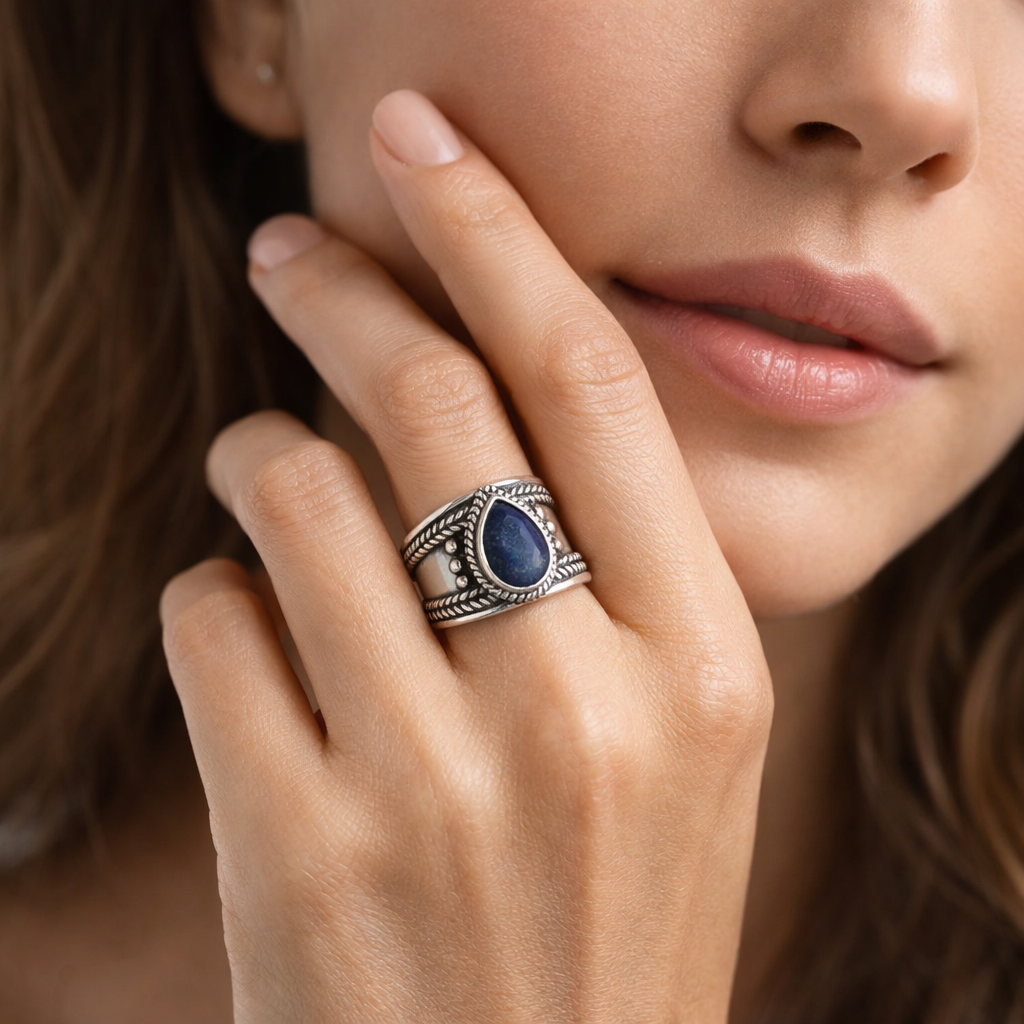 Bague lapis lazuli bleu et argent, anneau large, portée par une femme