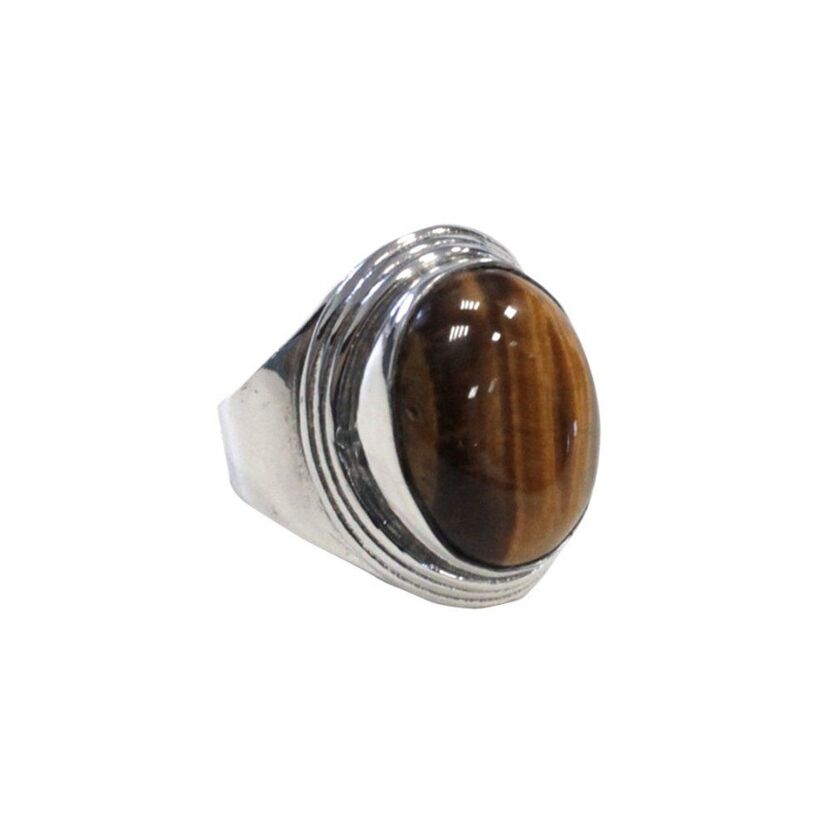 bague argent 925 anneau large, ornée d'une pierre naturelle d'oeil de tigre