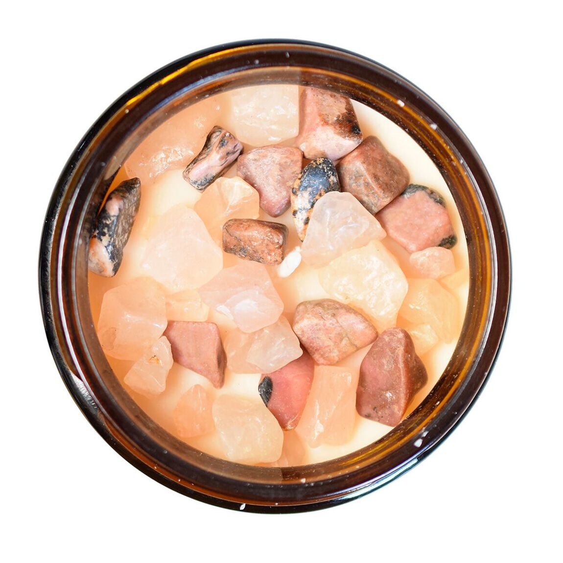 Bougies et ses cristaux quartz rose et rhodonite vue de dessus, mèche coton, pot en verre brun