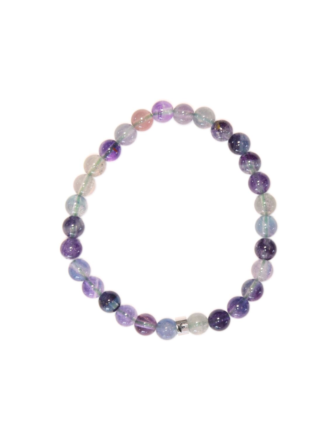Bracelet en perles ronde de fluorite violette, mauve, rose, monté sur élastique, avec une perle en acier argenté et une étoile