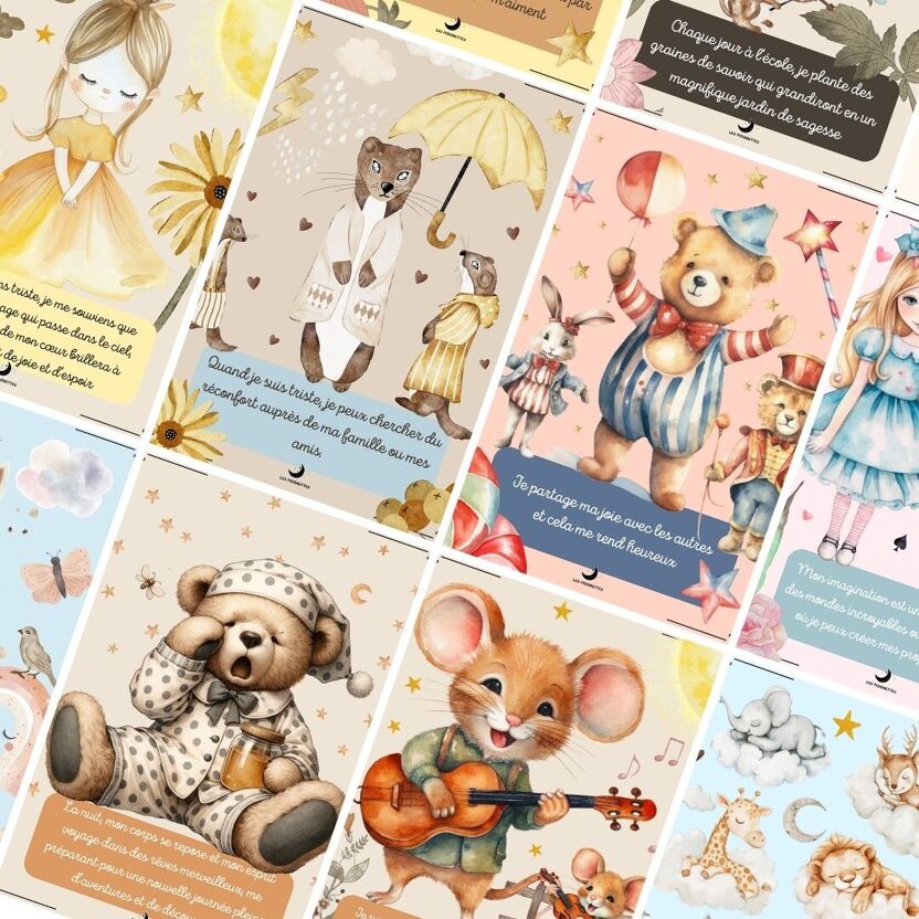 Cartes d'affirmations positives avec message pour enfants, illustrations tendres et enfantines