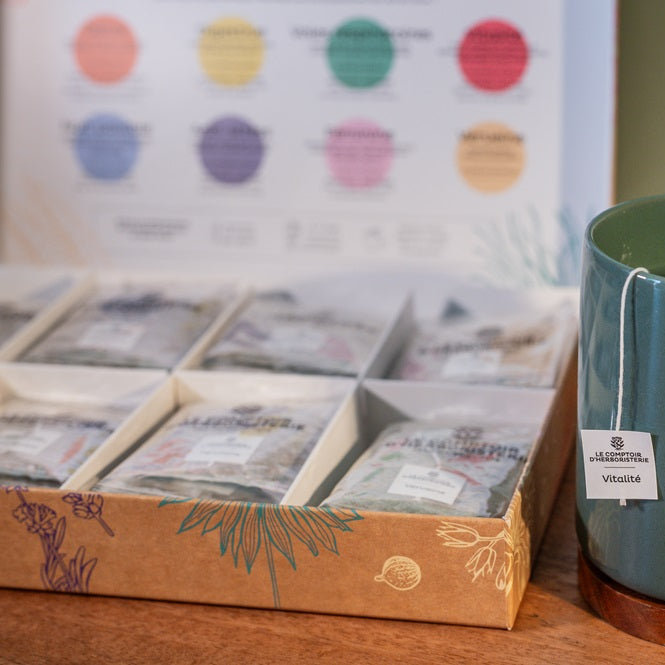 Ambiance bien-être avec un coffret ouvert avec des infusions de plantes, une tasse avec une tisane en sachet vitalité du Comptoir de l'Herboristerie et une peinture d'un oiseau, posés sur une étagère en bois