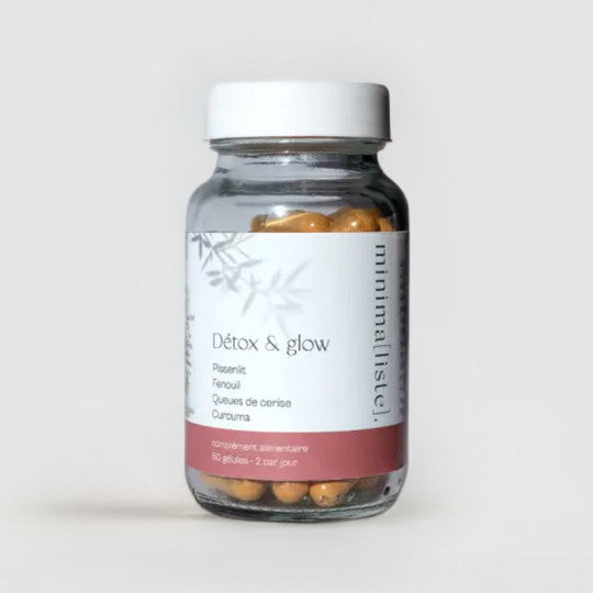 Pot en verre contenant 60 gélules naturelles Detox & Glow aux pissenlit, fenouil, queues de cerise, curcuma