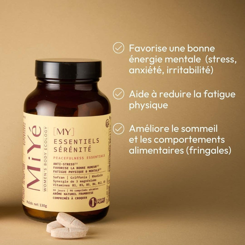 Visuel du flacon et des comprimés du complément alimentaire MiYé, avec leurs bienfaits