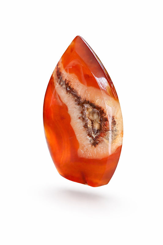 Cornaline cristalisée en tranche et pointe, rouge orangé, cristaux inclus