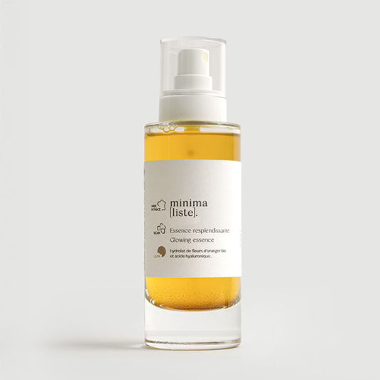 Flacon d'Essence Resplendissante Minimaliste, soin hydratant naturel à la fleur d'oranger et acide hyaluronique, effet éclat et glow pour tous types de peaux