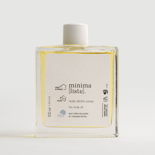 Flacon en verre de l'Huile sèche pour le corps Minimaliste, aux huiles de jojoba et macadamia bio