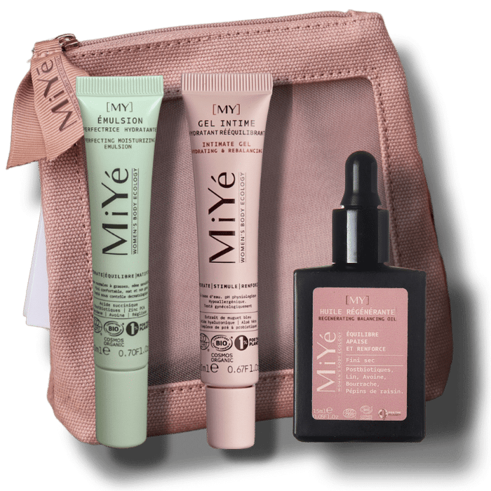 Kit découverte MIYÉ en formats voyage avec trousse rose : émulsion perfectrice hydratante, gel intime hydratant rééquilibrant, huile visage régénérante