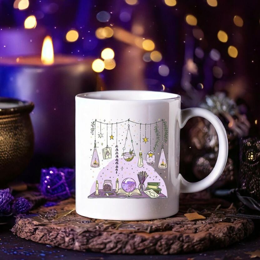 Mug en céramique blanche , illustrations autel type alchimiste avec potions, plantes , livres, sur fond féerique chaudron, bougie parme, violet, or