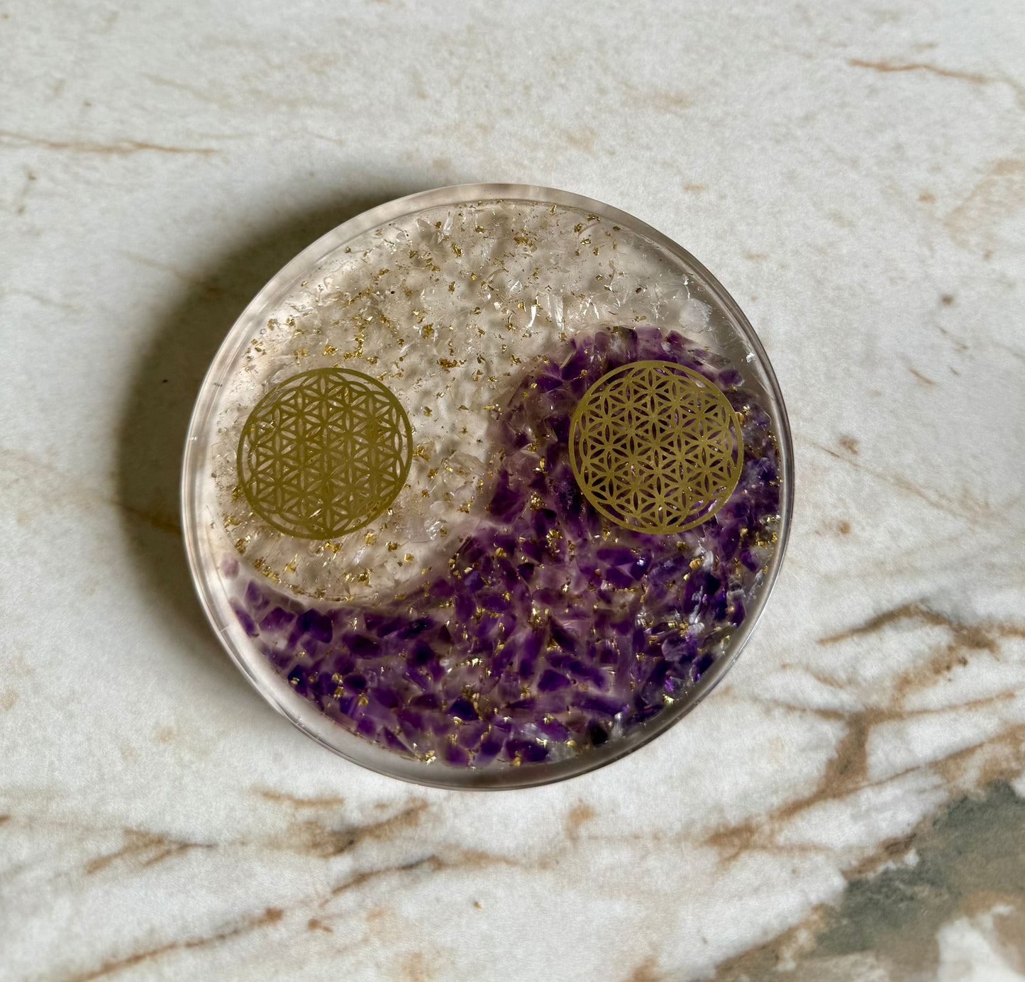 ORGONITE Disque Améthyste - Cristal de Roche & Fleurs de Vie