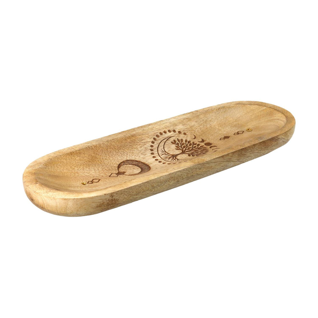 Porte-encens vue latérale, en bois de manguier avec motifs Arbre de Vie, croissant de lune et symboles cosmiques gravés