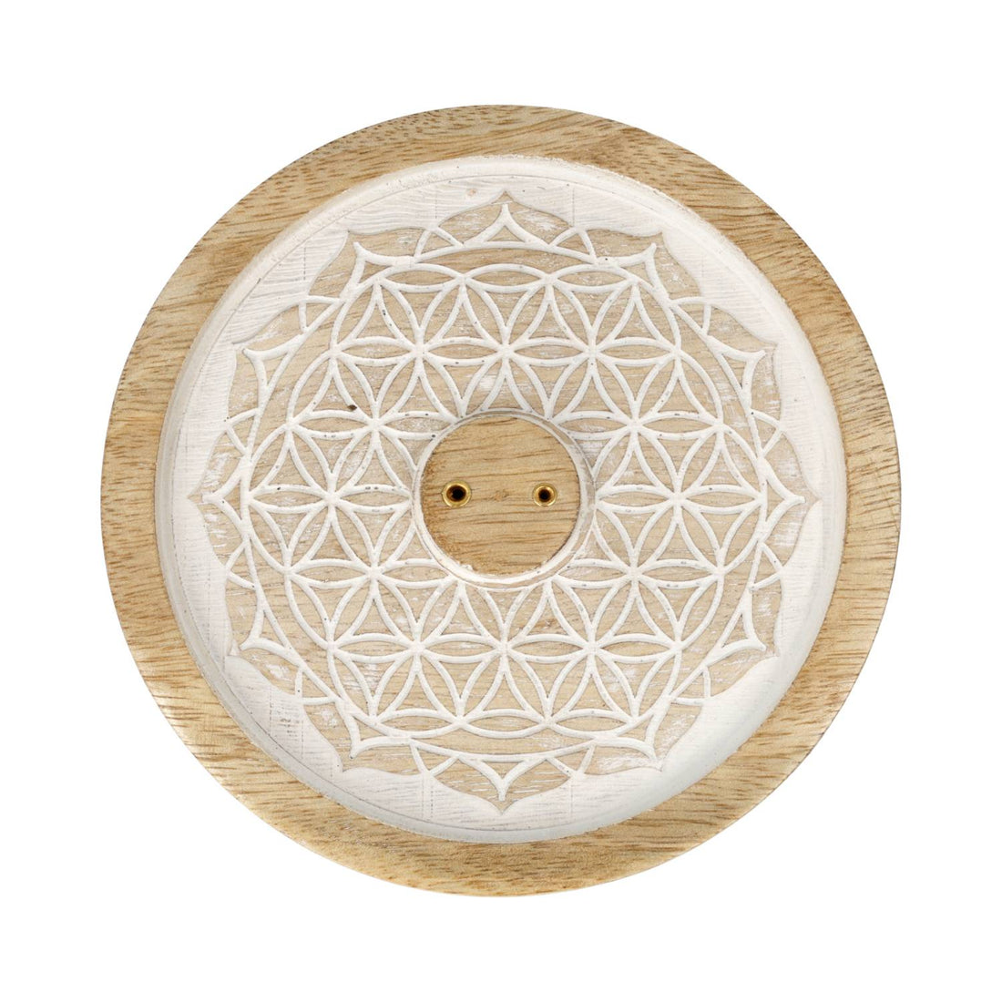 Vue de dessus d'un porte-encens rond en bois de manguier avec motif Mandala Fleur de Vie gravé sur finition blanche et pourtour bois naturel, deux trous pour bâtonnets d'encens