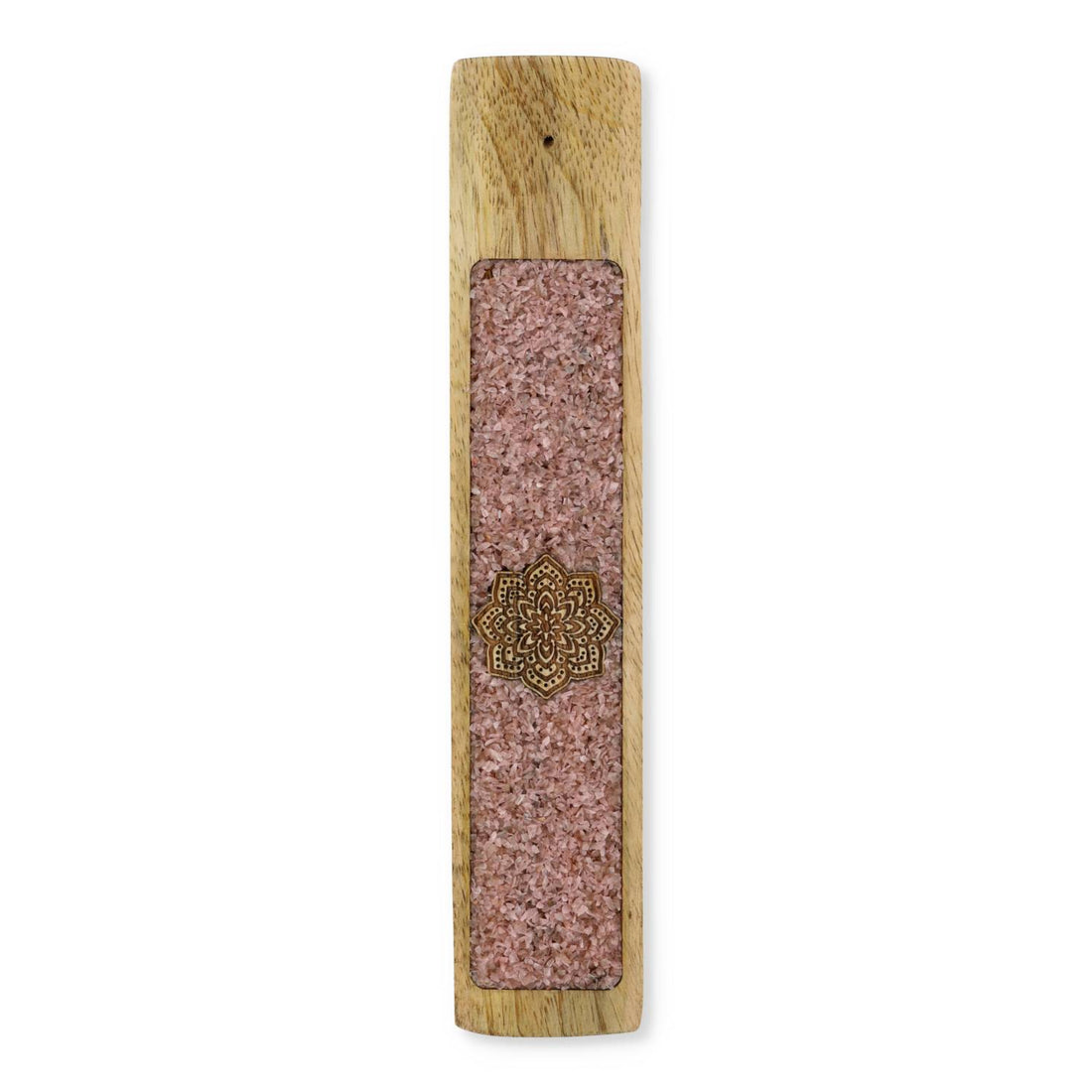 Vue de dessus d'un porte-encens en bois de manguier, éclats de quartz rose et mandala central