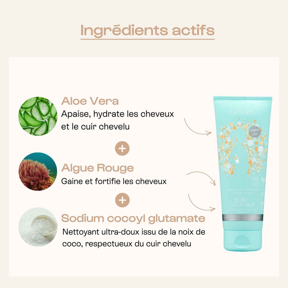 Visuel des ingrédients du shampoing Ma bulle douceur d'Omum, aloe vera hydratant, algue rouge fortifiante, sodium cocoyl glutamate nettoyant doux