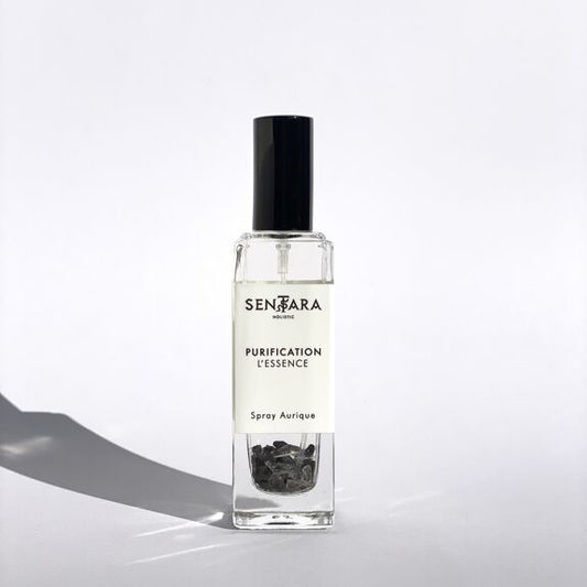 Spray Aurique Purification L'Essence Sentara Holistic : flacon en verre avec cristaux d'hématites, pour purifier espaces de vie et l'aura