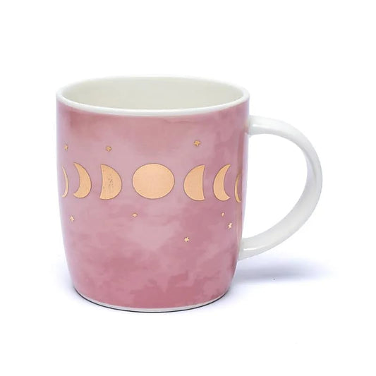 Tasse en porcelaine blanche, peinte en rose, phases de lune dorées 400 ml