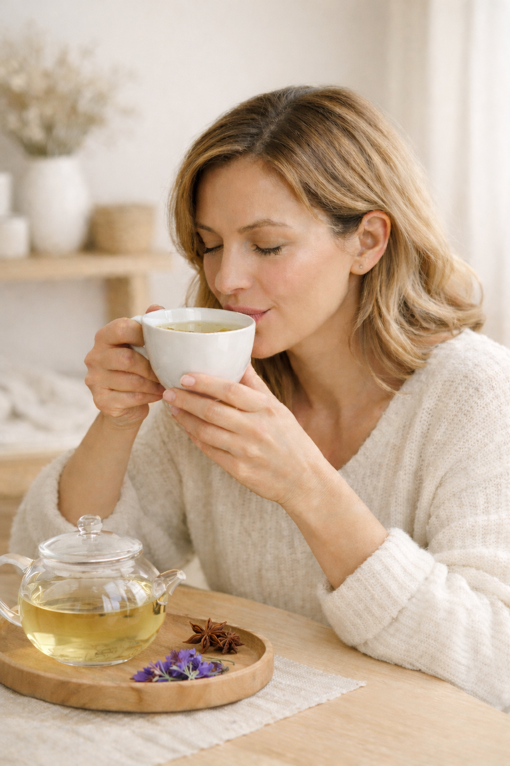 Femme buvant de la tisane, ambiance zen, théière avec fleurs et plantes séchées posées à côté