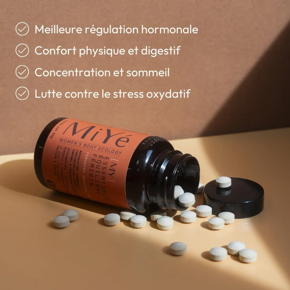 Visuel avec textes des bienfaits du complément alimentaire Équilibre Féminin MiYé pour une bonne régulation hormonale