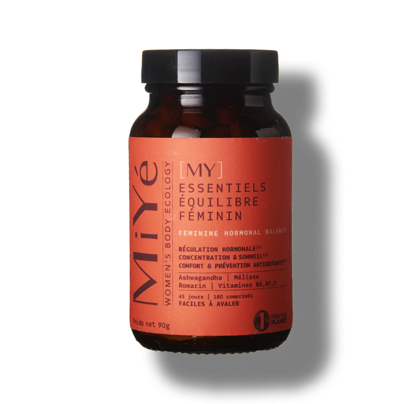 Photo du flacon en verre brun et son étiquette rouge du complément alimentaire My Essentiels Équilibre Féminin MiYé pour la régulation hormonale