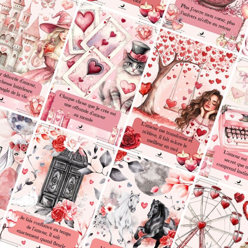 11 cartes d'affirmations positives incantation d'amour avec illustrations féériques, magiques et poétiques, rose et rouges
