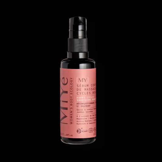 Flacon pompe du sérum corps de massages cycles heureux MiYé, étiquette rose texte noir