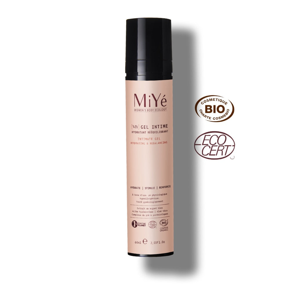 Visuel du Gel intime hydratant rééquilibrant, lubrifiant MiYE, flacon rose poudré et son bouchon noir, certifications bio charte cosmebio et ecocert