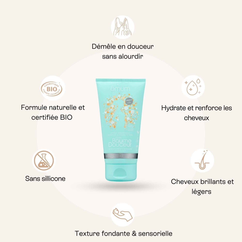 Visuel des vertus et tube  bleu lagon de l'après shampoing Mon Baume Douceur Omum
