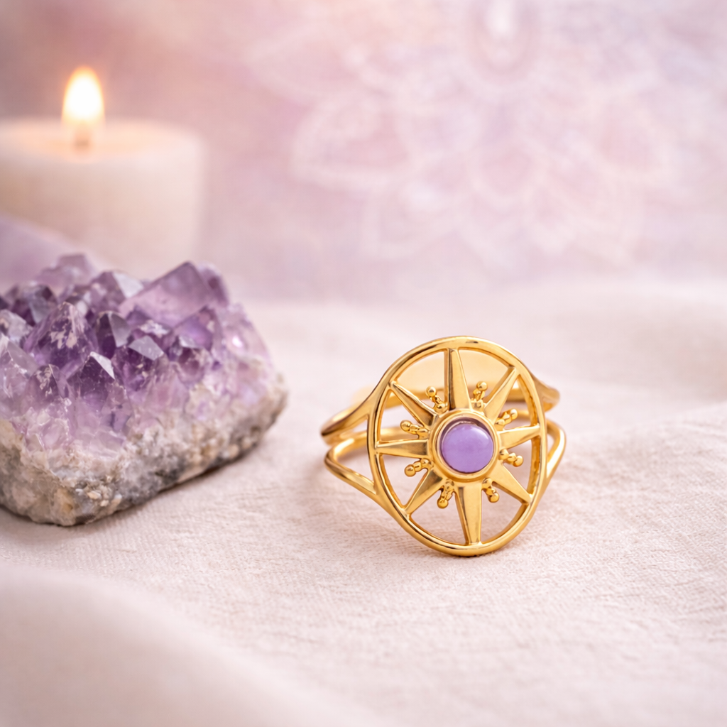 bague en améthyste avec monture réglable en acier inoxydable dorée, posée sur un tissu lin avec pierre naturelle d'améthyste à côté et bougie blanche