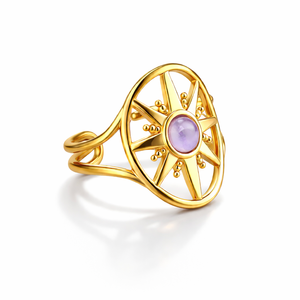 Bague en améthyste naturelle au centre et monture en acier inoxydable doré en forme d'étoile, réglable