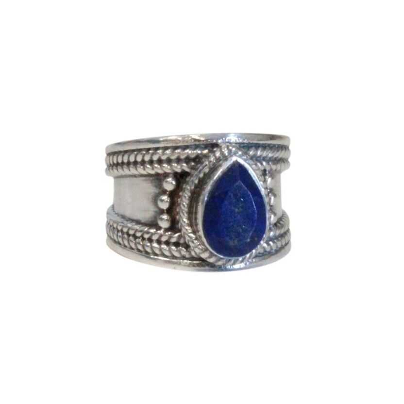 Bague en argent, anneau large et pierre naturelle de lapis lazuli  en forme de goutte
