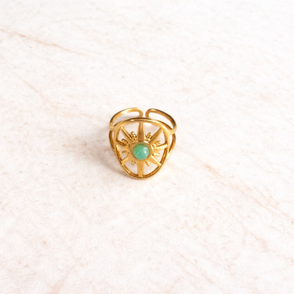 Bague étoile  réglable en acier inoxydable doré et pierre naturelle d'aventurine verte au centre