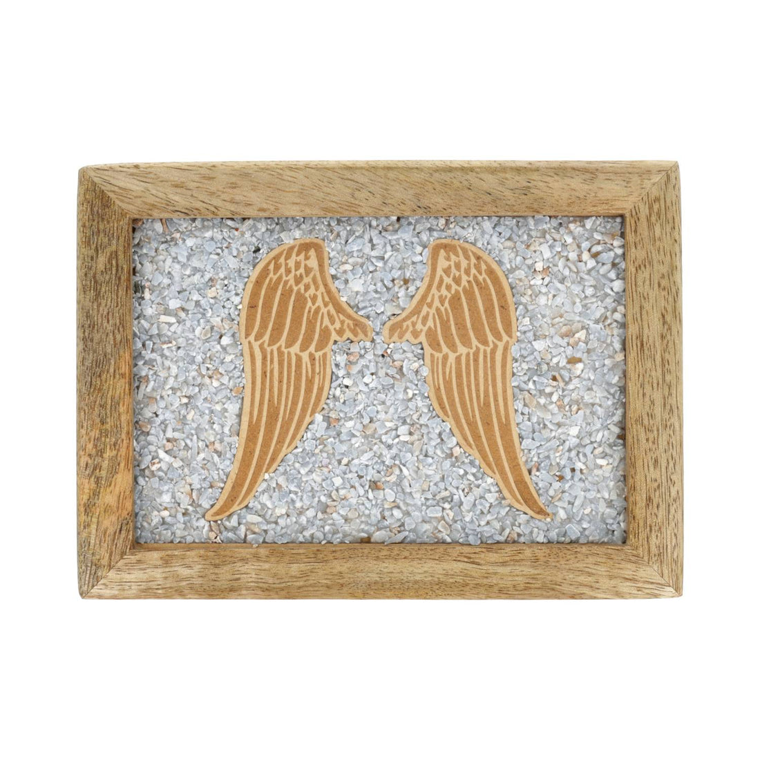 Couvercle d'une boîte en bois de manguier, vue de dessus avec ailes d'ange gravées sur cristaux d'angélite
