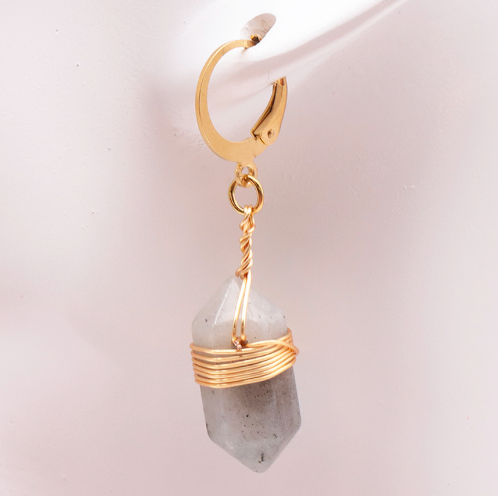 Boucle d'oreille en labradorite naturelle de Madagascar, pierre de protection et d'intuition, montée sur acier inoxydable doré