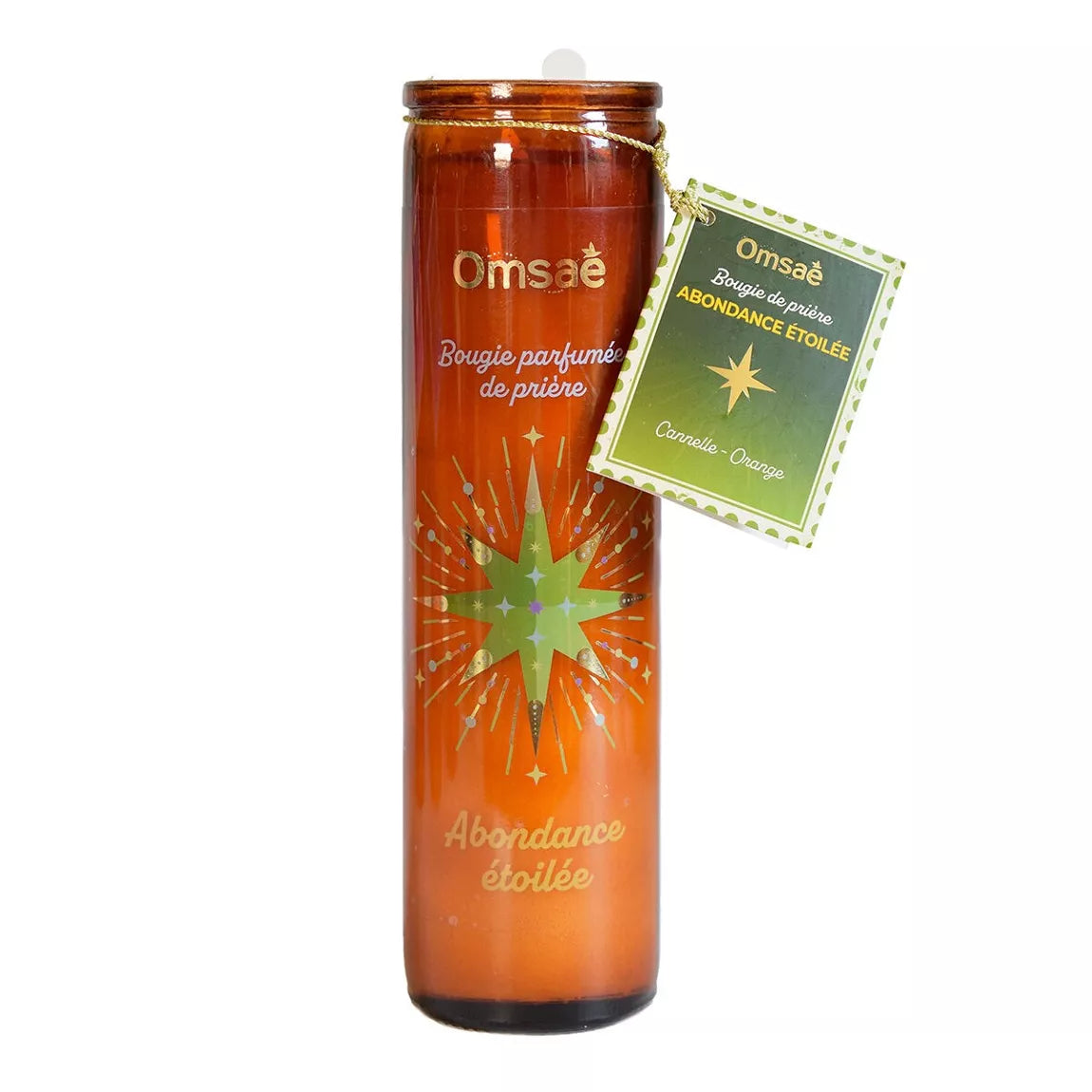 Bougie parfumée de prière Abondance étoilée, Omsae, en verre brun avec étoile dorée et verte au centre, avec son étiquette accrochée parfum orange cannelle