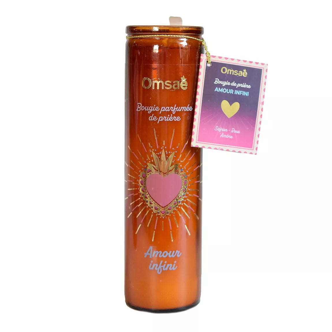 Bougie parfumée de prière Amour infini, Omsae, en verre brun, avec un Sacré coeur sérigraphié, étiquette accrochée avec noms des parfums safran, rose et ambre