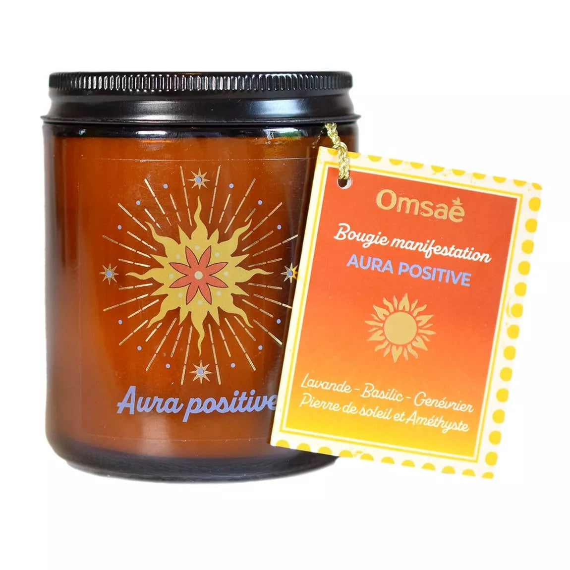 Bougie Aura positive Omsae et son étiquette explicative accrochée par un lien doré 