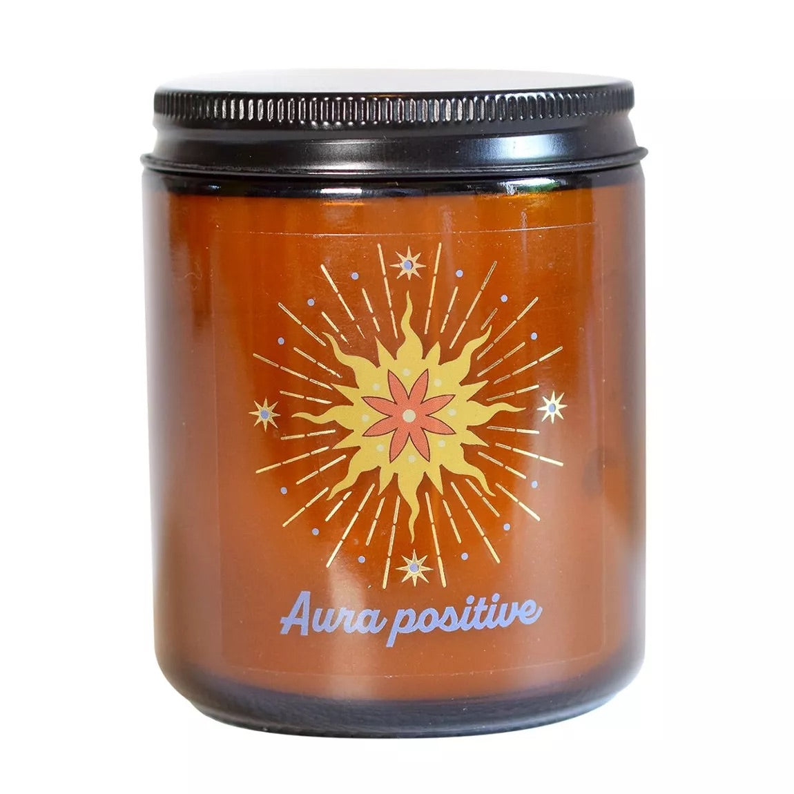 Pot en verre brun d'une bougie Aura positive Omsae et sont couvercle noir, motifs étoiles