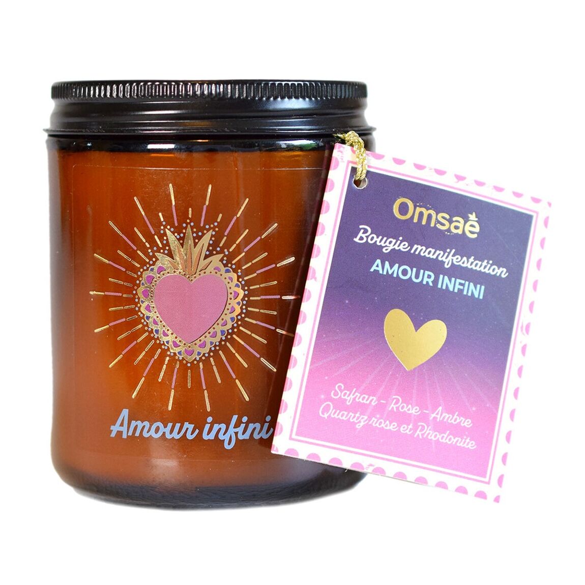 Bougie en pot en verre brun, amour infini en bleu, sacré coeur rose et or, étiquette accroché par un lien Omsaé, parfum safran, rose, ambre, cristaux quartz rose et rhodonite