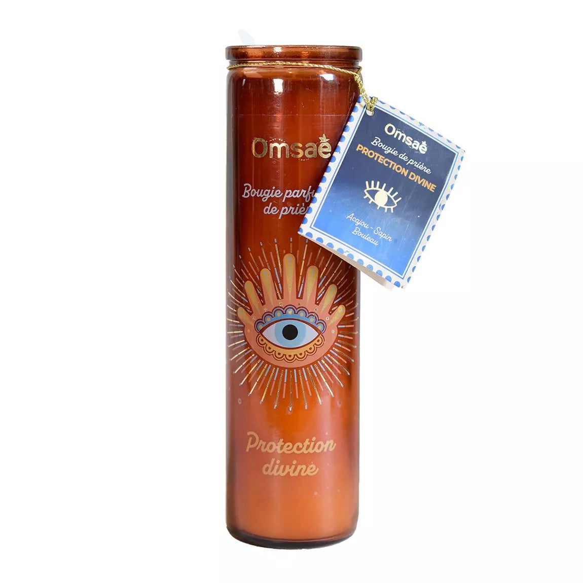 Bougie parfumée de prière Protection divine, Omsae, en verre brun, avec un oeil bleu et doré sérigraphié, étiquette accrochée avec noms des parfums acajou, sapin et bouleau