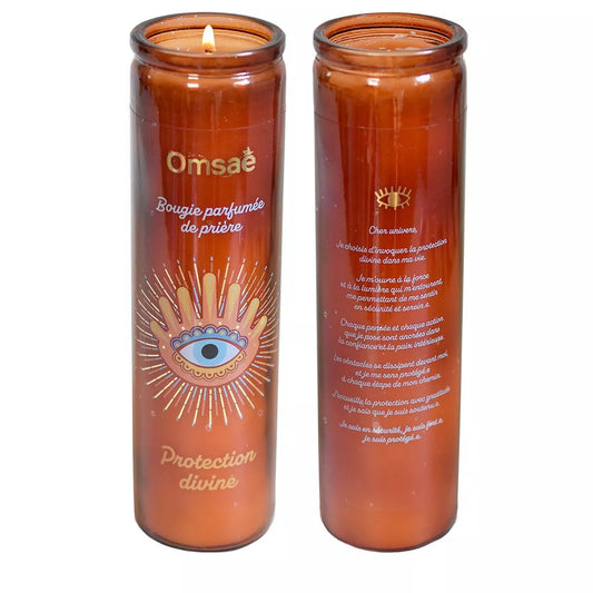 Bougie parfumée de prière Protection divine recto verso, en verre brun et oeil bleu et doré