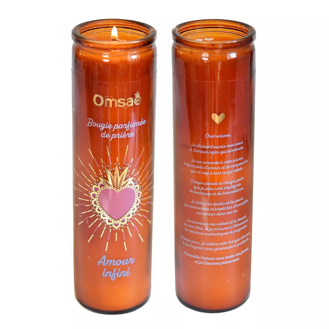 Bougie parfumée de prière Amour infini, recto verso, en verre brun et sacré coeur or et rose