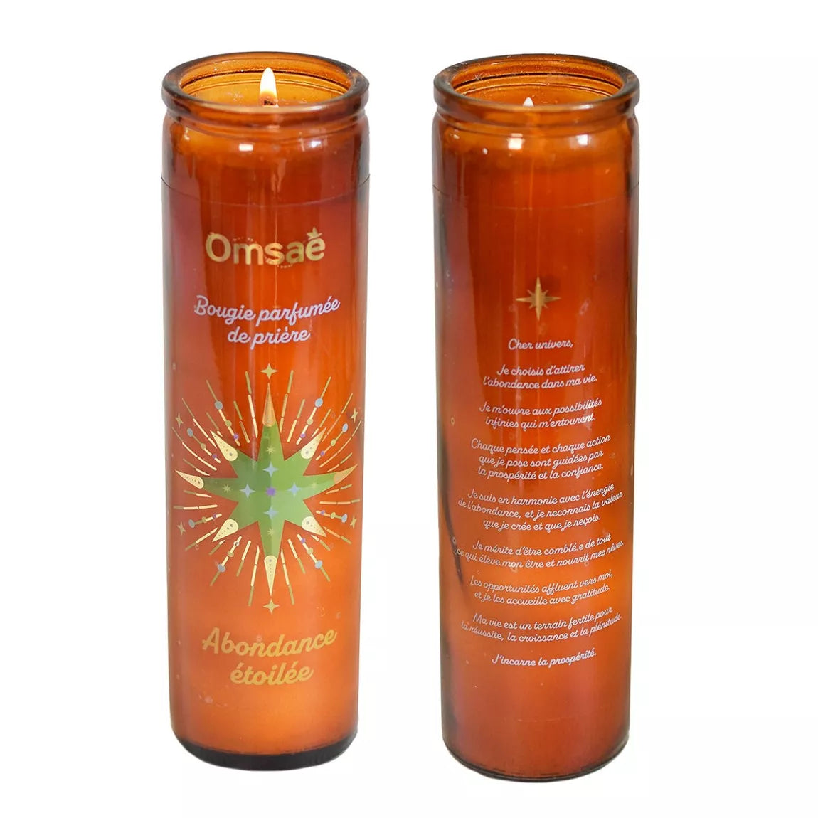 Face d'une bougie parfumée de prière Abondance étoilée, marque Omsaé, en verre brun avec étoile or et verte et son verso avec une prière