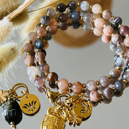Bracelet double en pierre de lune noire, 17 cm, favorisant l'ancrage, l'intuition et la libération émotionnelle