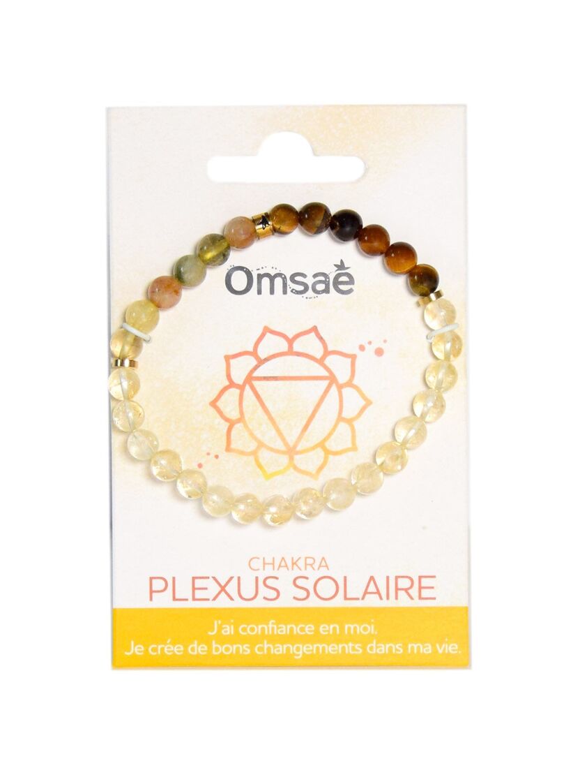Bracelet lithothérapie Omsaé chakra plexus solaire en perles rondes citrine, oeil de tigre et quartz rutile avec support carte affirmation positive confiance