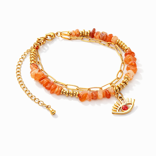 Bracelet double rang en cornaline et chaîne dorée, charm oeil d'horus