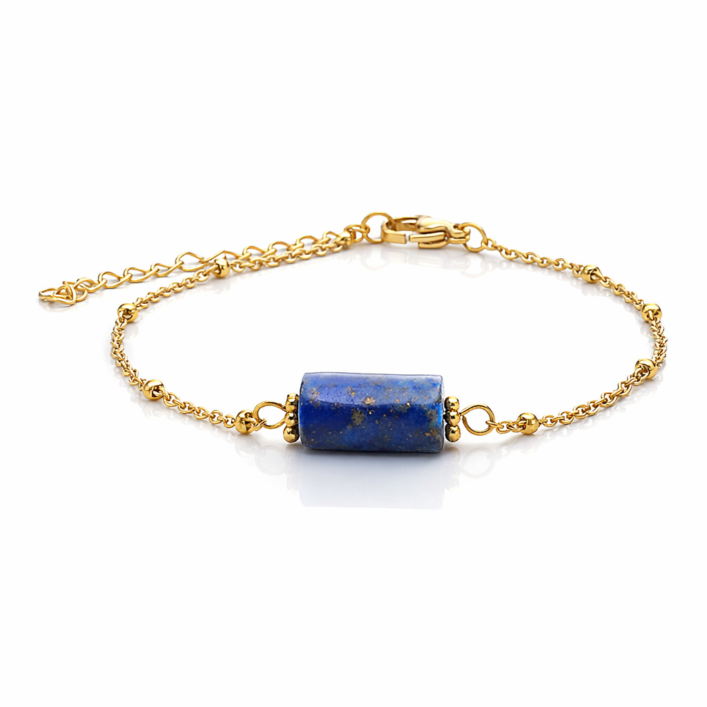 Bracelet vue de face, chaine acier inoxydable doré, pierre naturelle lapis lazuli